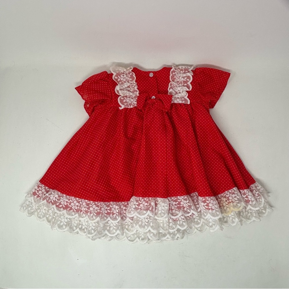Mini World Vintage Red Lace Babydoll Polka Dot Dress Size 6-9 Months USA Made - Picture 5 of 9